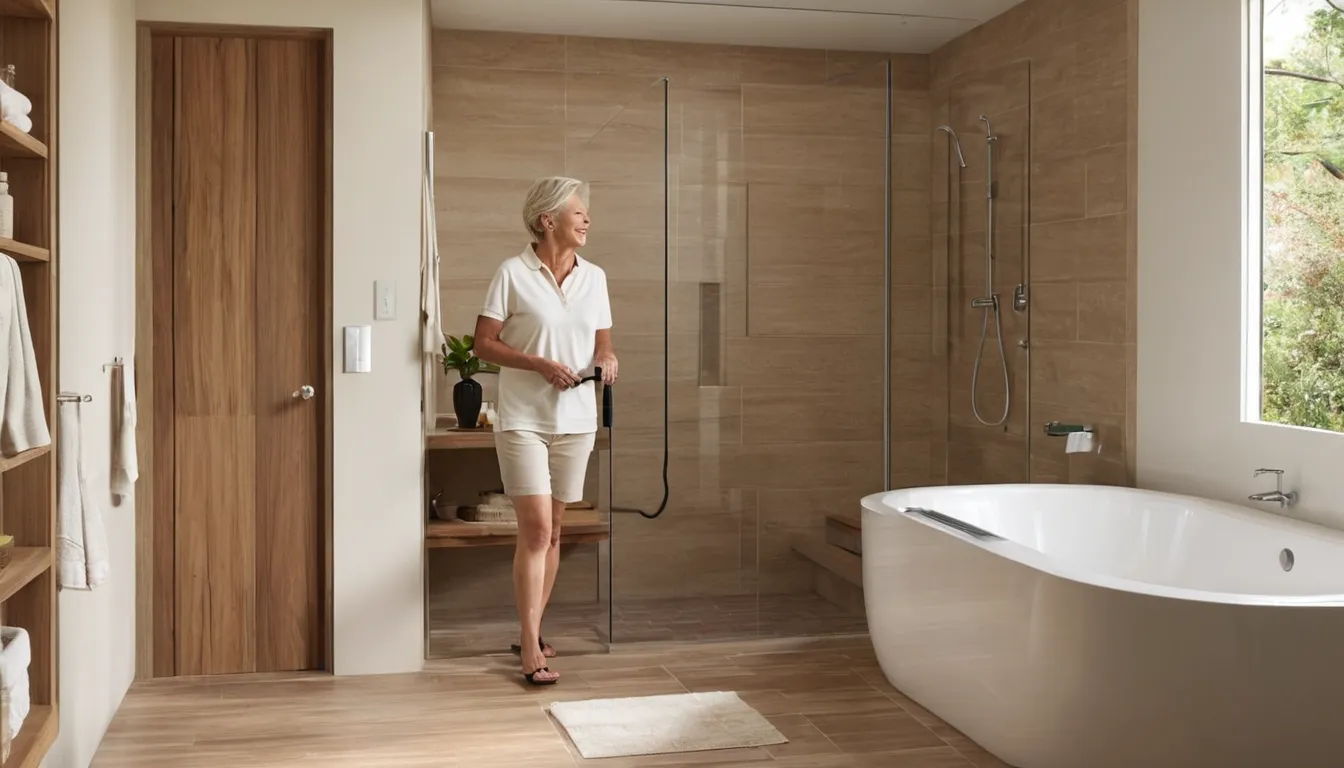 Smiling older homeowner stepping into a bright walk-in shower with a bench and grab bar in a Deltona home